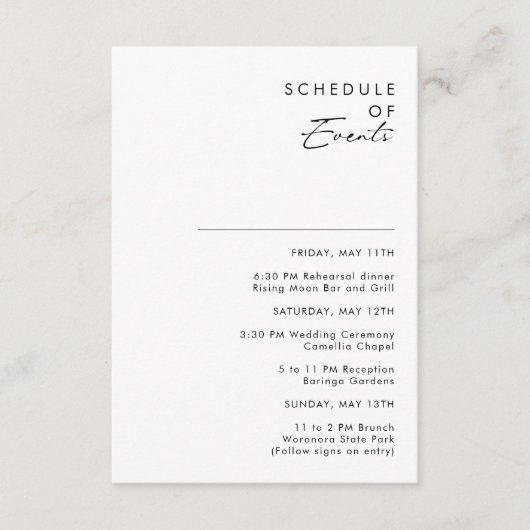 Modernes Minimalistisches Hochzeitsprogramm Begleitkarte (Vorderseite)