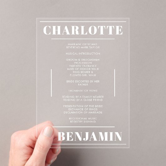 Modernes Minimalistisches Hochzeitsprogramm mit fe Acryleinladungen (Insitu (Handheld))