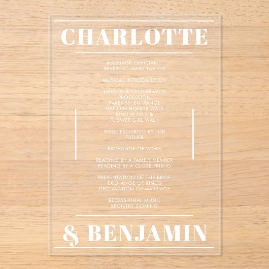 Modernes Minimalistisches Hochzeitsprogramm mit fe Acryleinladungen (Vorderseite)