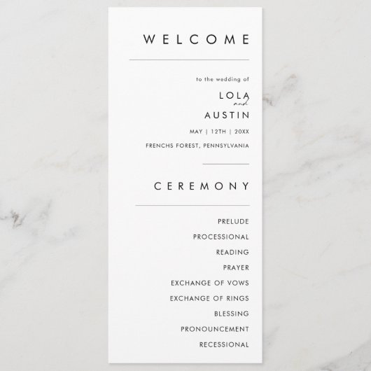Modernes Minimalistisches Hochzeitsprogramm Programm (Vorderseite)