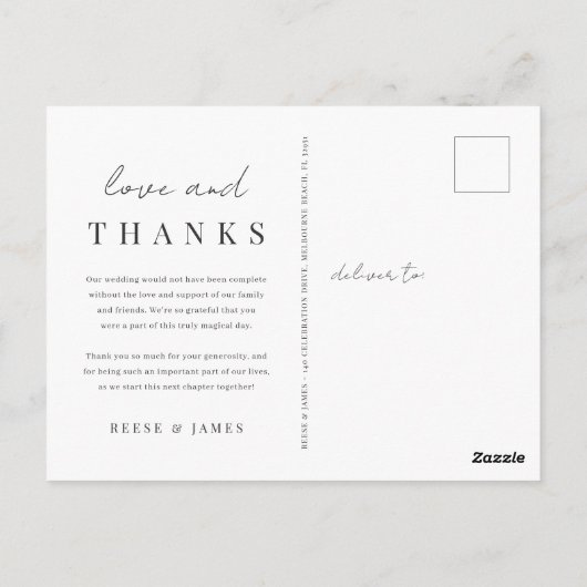 Modernes Minimalistisches Hochzeitsszenario Foto V Postkarte (Rückseite)