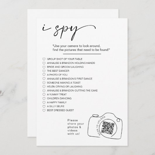 Modernes Minimalistisches I spy Hochzeitsspiel Sha Programm (Vorne/Hinten)