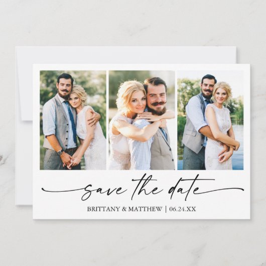 Modernes Minimalistisches Ink Script 3 Foto Save The Date (Vorderseite)