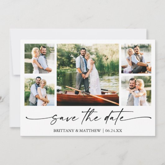 Modernes Minimalistisches Ink Script 5 Foto Save The Date (Vorderseite)