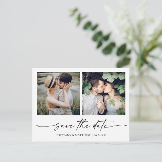 Modernes Minimalistisches Ink-Script Save the Date Postkarte (Stehend Vorderseite)