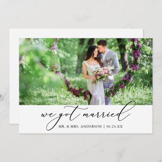 Modernes Minimalistisches kalligrafisches Hochzeit Ankündigung (Vorne/Hinten)