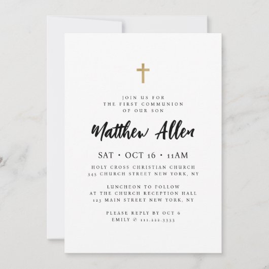 Modernes Minimalistisches Kreuz für seine erste Ko Einladung (Vorderseite)