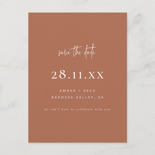 Modernes Minimalistisches Kupferskript Save the Da Ankündigungspostkarte (Vorderseite)