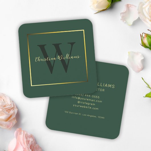 Modernes Minimalistisches Monogram Green Gold Eleg Quadratische Visitenkarte