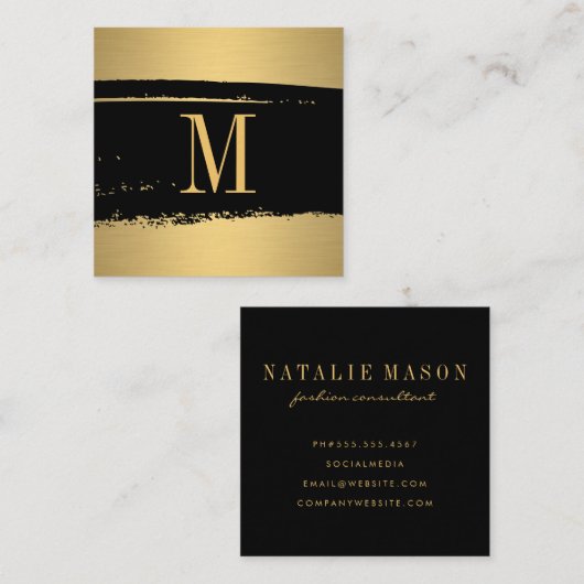 Modernes Minimalistisches Monogramm auf Schwarz/Go Quadratische Visitenkarte (Vorne/Hinten)