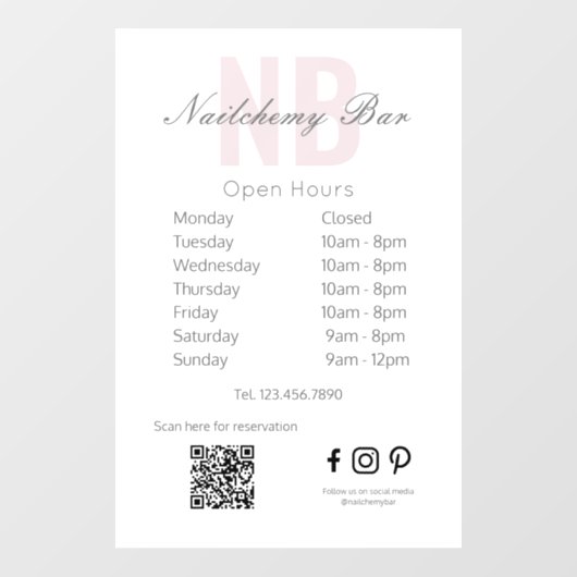 Modernes Minimalistisches Nagelstudio Open Hours Z Fensteraufkleber (Blatt)