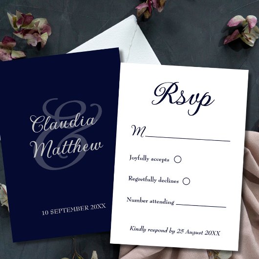 Modernes Minimalistisches Navy Blue and White Wedd RSVP Karte