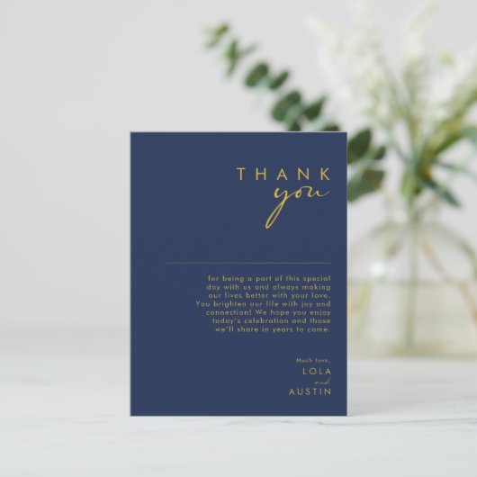 Modernes Minimalistisches Navy Blue | Gold Dankesc Postkarte (Stehend Vorderseite)