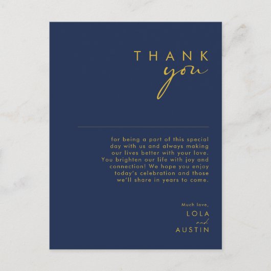 Modernes Minimalistisches Navy Blue | Gold Dankesc Postkarte (Vorderseite)