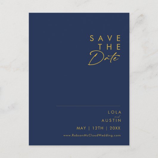 Modernes Minimalistisches Navy Blue | Gold Save th Einladungspostkarte (Vorderseite)