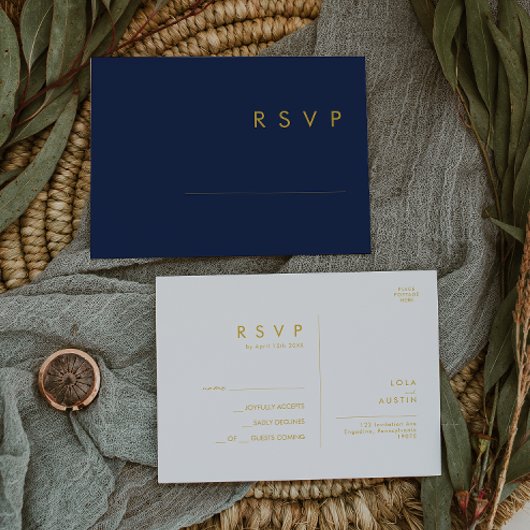 Modernes Minimalistisches Navy Blue | Gold Wedding Postkarte