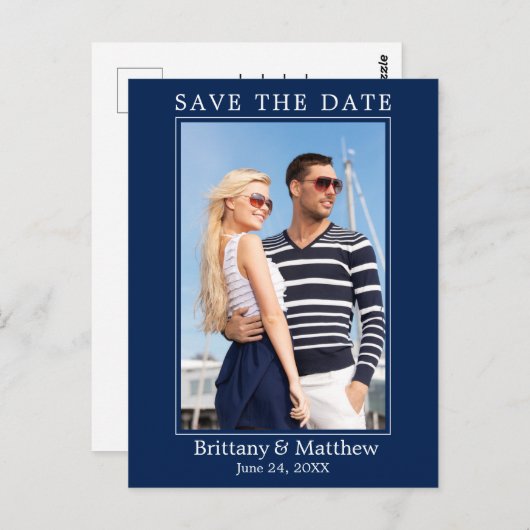 Modernes Minimalistisches Navy Blue Save the Date Postkarte (Vorne/Hinten)