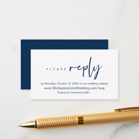 Modernes Minimalistisches, Navy Blue Script, Onlin Begleitkarte (Vorderseite/Rückseite Beispiel)