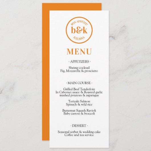 Modernes Minimalistisches Orange Wedding MENU Menükarte (Vorne/Hinten)