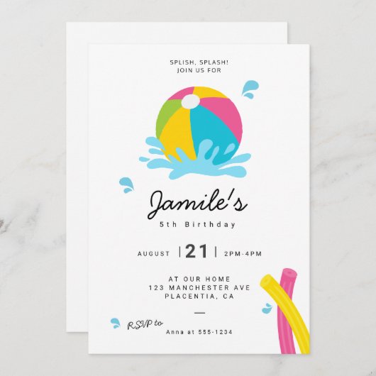 Modernes Minimalistisches Pool Party Girl Birthday Einladung (Vorne/Hinten)