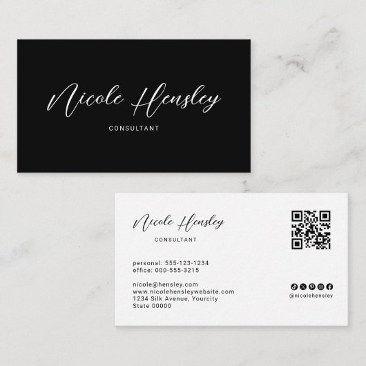 Modernes minimalistisches QR-Code Chic Schwarz & W Visitenkarte (Vorne/Hinten)