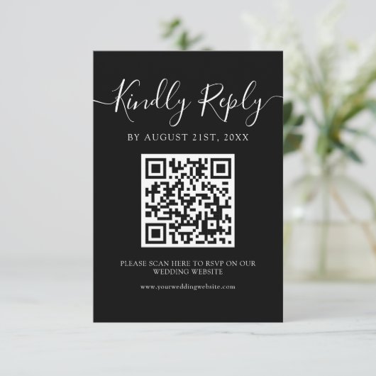 Modernes Minimalistisches QR-Script RSVP Karte (Stehend Vorderseite)