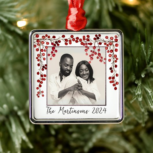 Modernes Minimalistisches Red Berries Weihnachtsfe Ornament Aus Metall