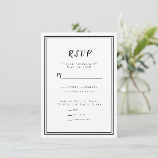 Modernes Minimalistisches RSVP-Menü für Hochzeiten (Stehend Vorderseite)