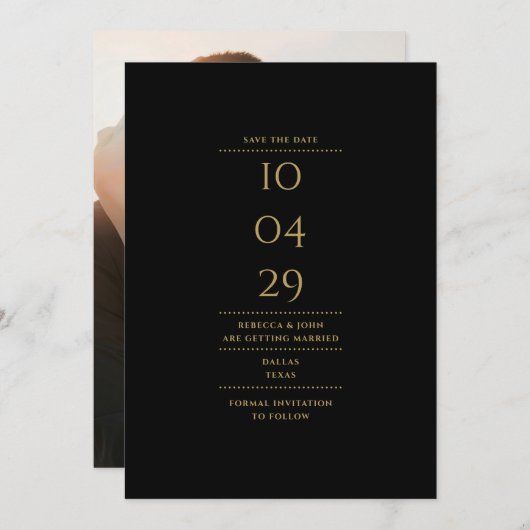 Modernes Minimalistisches Schwarz-Gold-Hochzeitsfe Save The Date (Vorne/Hinten)