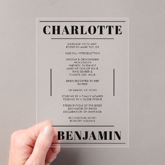 Modernes Minimalistisches Schwarz-Hochzeitsprogram Acryleinladungen (Insitu (Handheld))