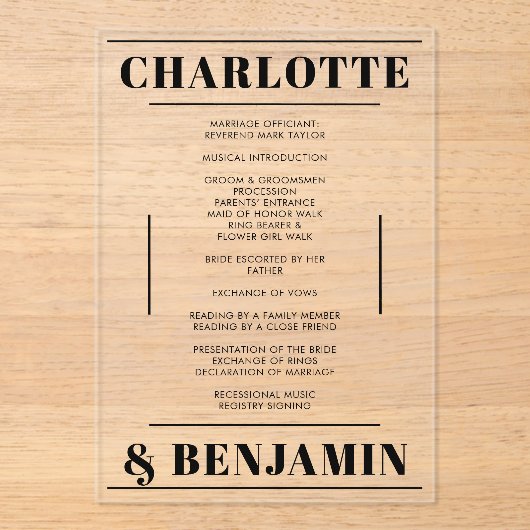 Modernes Minimalistisches Schwarz-Hochzeitsprogram Acryleinladungen (Vorderseite)