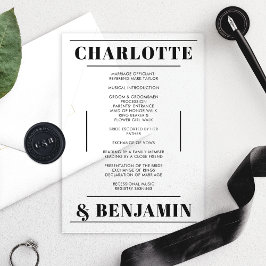 Modernes Minimalistisches Schwarz-Hochzeitsprogram Acryleinladungen