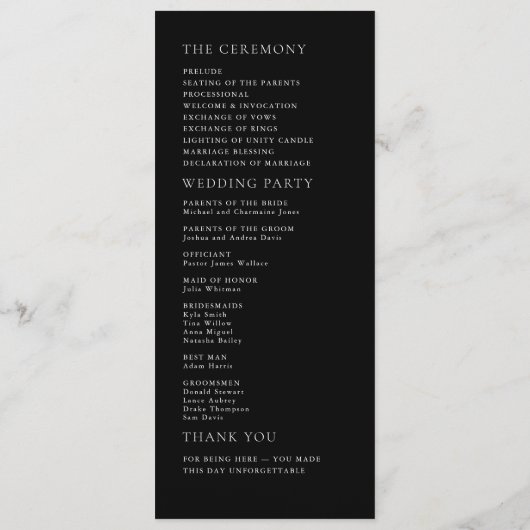 Modernes Minimalistisches Schwarz-Weiß-Hochzeitspr Programm (Rückseite)