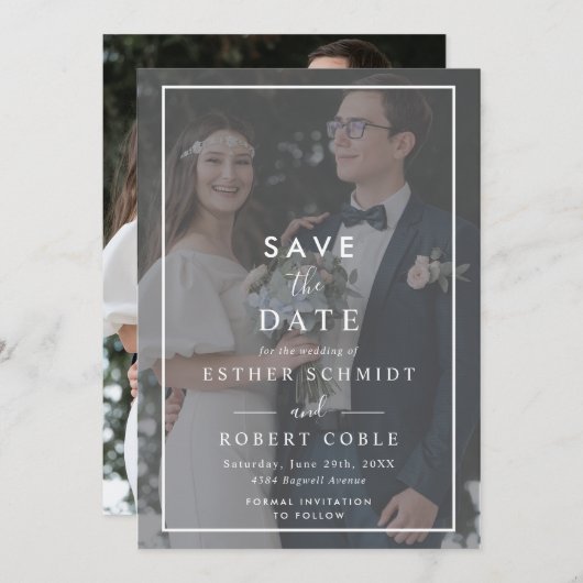 Modernes Minimalistisches Schwarz-Weiß-Overlay-Fot Save The Date (Vorne/Hinten)