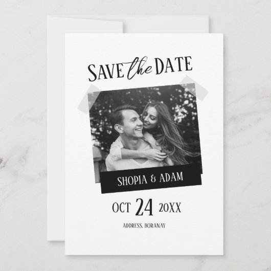 Modernes Minimalistisches Schwarz/Weiß Save the Da Einladung (Rückseite)