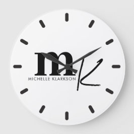 Modernes Minimalistisches Schwarz-weißes Monogramm Große Wanduhr