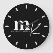 Modernes Minimalistisches Schwarz-weißes Monogramm Große Wanduhr (Vorderseite)
