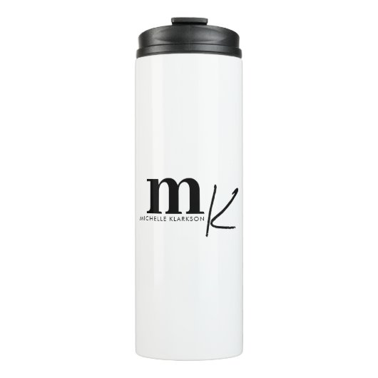 Modernes Minimalistisches Schwarz-weißes Monogramm Thermosbecher (Vorderseite)