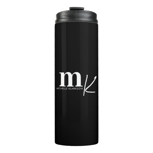 Modernes Minimalistisches Schwarz-weißes Monogramm Thermosbecher (Vorderseite)