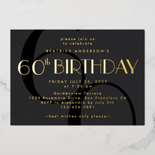Modernes Minimalistisches Schwarzes 60. Geburtstag Folieneinladung (Vorderseite)