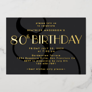 Modernes Minimalistisches Schwarzes 80. Geburtstag Folieneinladung