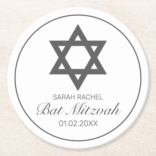 Modernes Minimalistisches Schwarzes Bar Bat Mitzva Runder Pappuntersetzer (Vorderseite)