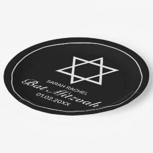 Modernes Minimalistisches Schwarzes Bat Mitzvah Pappteller