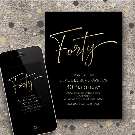 Modernes Minimalistisches Schwarzes Gold 40. Gebur Einladung