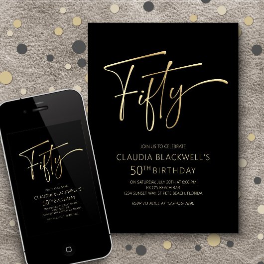 Modernes Minimalistisches Schwarzes Gold 50. Gebur Einladung