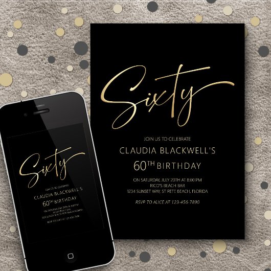 Modernes Minimalistisches Schwarzes Gold 60. Gebur Einladung