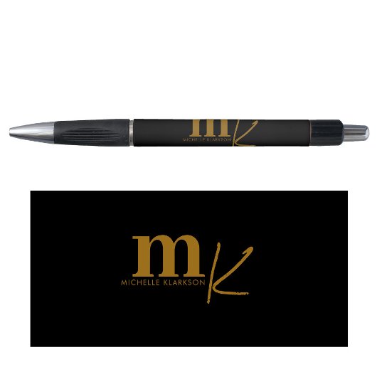 Modernes Minimalistisches Schwarzes Gold Monogramm Kugelschreiber