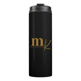 Modernes Minimalistisches Schwarzes Gold Monogramm Thermosbecher
