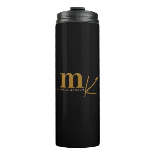 Modernes Minimalistisches Schwarzes Gold Monogramm Thermosbecher (Vorderseite)