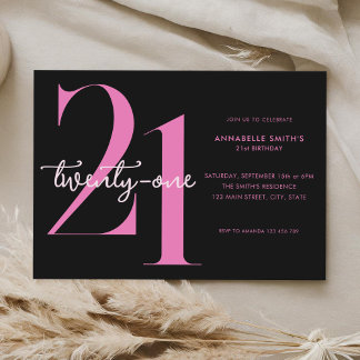 Modernes Minimalistisches Schwarzes Rosa 21. Gebur Einladung